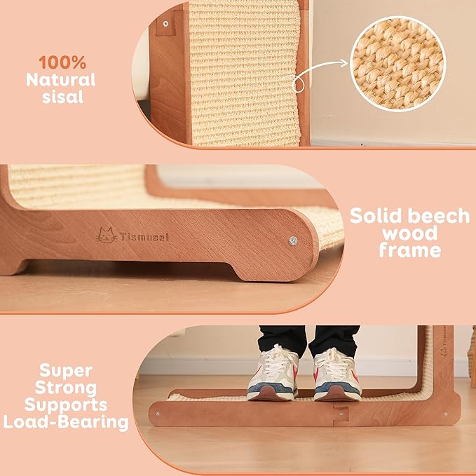 Cat Scratching Post - Beechwood Base, 26.8" Natural Sisal Woven Cat Scratch Pad, Cat Scratching Board,Durable Cat Scratcher for Indoor Cat, Furniture Protector for Cats' Clawing and Play