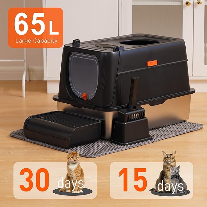 Citylife Stainless Steel Cat Litter Box with Lid, Front & Top Entry Extra Large Metal Kitty Litter Box Enclosure with Scoop & Double Layer Mat, Anti-Leakage, Non-Sticky, Black