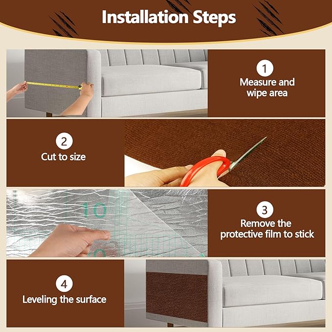 Cat Scratch Furniture Protector, 39.4"x15.8" Self Adhesive Cat Scratch Mat Pad,Cut to Fit DIY Replacement Carpet for Tree,Wall,Bed,Door, Couch Protector (Brown)