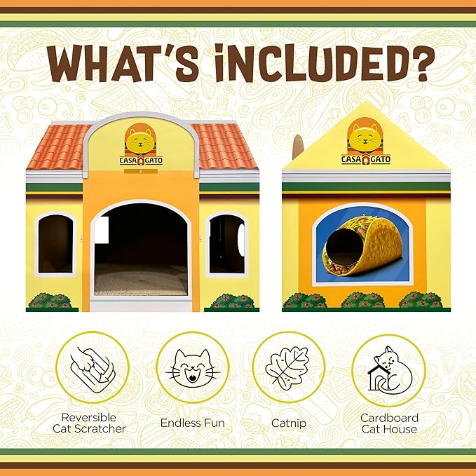 Capnip Cardboard Cat House with Scratcher for Indoor Cats – Mexican Fast Food Theme with Peek Holes, Casa Gato Design