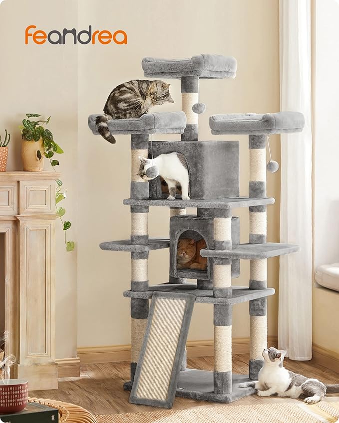 Feandrea 67 Inches Multi-Level Cat Tree for Large Cats, with Cozy Perches, Stable, Light Gray UPCT18W