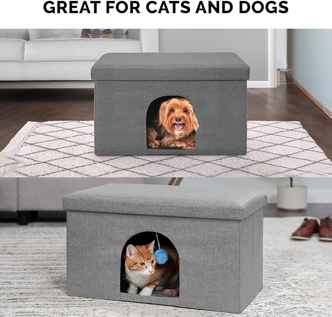 Furhaven Pet House for Indoor Cats & Medium/Small Dogs, Collapsible & Foldable w/ Plush Ball Toy - Living Room Ottoman Cat Condo - Stormy Gray, Large