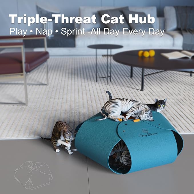 Spring Blossoms Cat Tunnel, Cat Cave for Indoor Cats Bed,Scratch Resistant Cat Toys for Medium Large Cats Hide and Seek Toy (Peacock Blue)