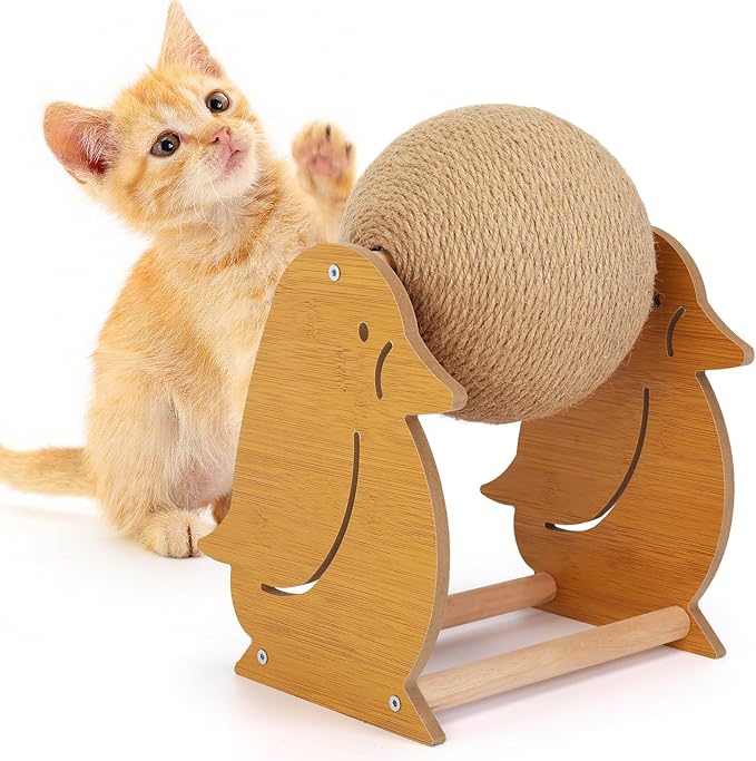 Outamateur Cat Scratching Ball Toy, Sisal Scratching Ball with Cute Stable Stand, Interactive Play and Exercise Toy for Kittens, Cats, Small Pets (Penguin)