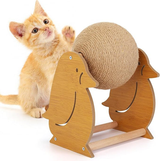 Outamateur Cat Scratching Ball Toy, Sisal Scratching Ball with Cute Stable Stand, Interactive Play and Exercise Toy for Kittens, Cats, Small Pets (Penguin)