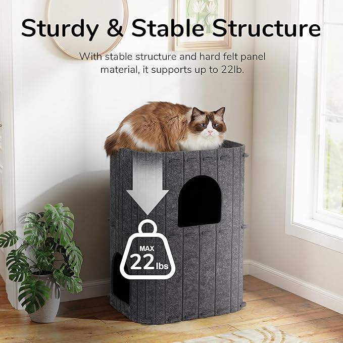 FUKUMARU Cat House for Indoor Cats, 2-Storey Large Cat Bed Cave, Cozy Felt Covered Cats Tunnel Condo Hideaway for Multicats, 17.72x14.37x23.62 inches, Dark Grey