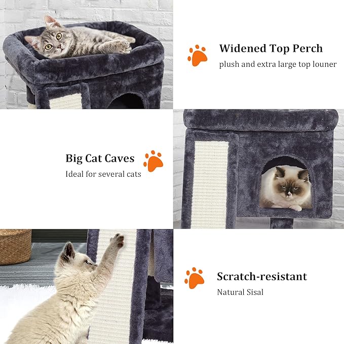 SYANDLVY Small Cat Tree for Indoor Cats Large Adult, Activity Tower with Scratching Post, Modern House with Padded Perch, Kittens Condo with Board, Cat Cave (Smoky Grey)