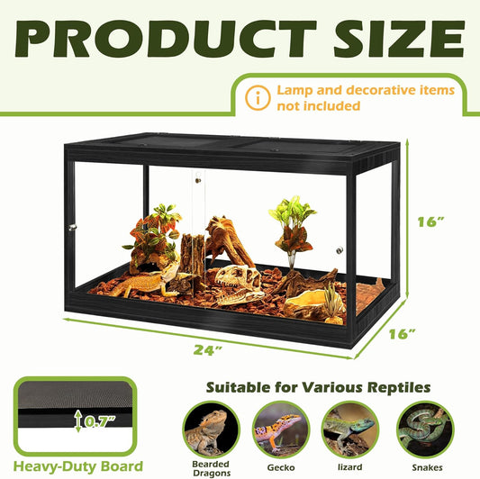 Prolee Tempered Glass Bearded Dragon Tank,Reptile Encloure and Snake Tank with Metal Mesh Roof Door,Locking Design Reptile Tank for Lizard,Gecko,Chameleon (Black, 28 Gallon (24x16x16 Inch))