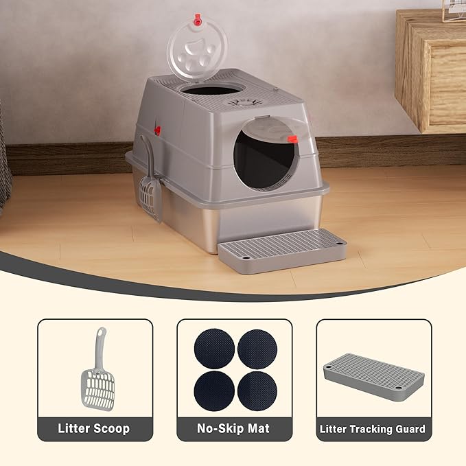 ITYLIFE CITYLIFE Stainless Steel Litter Box with Lid XL Large Enclosed Metal Box Anti-Leakagecat Litter Container Stainless Steel Includes Scoop, Odor Control Easy Cleaning, Light Grey