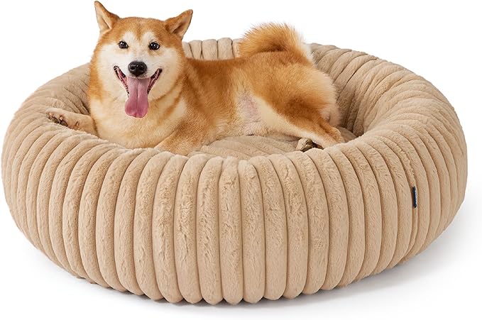 Bedsure Donut Large Dog Bed - Washable Faux Fur with Corduroy Fleece & Anti Slip Bottom, Round Pet Bed with Removable Cover, Sandy Tan, 36x36x10 inches