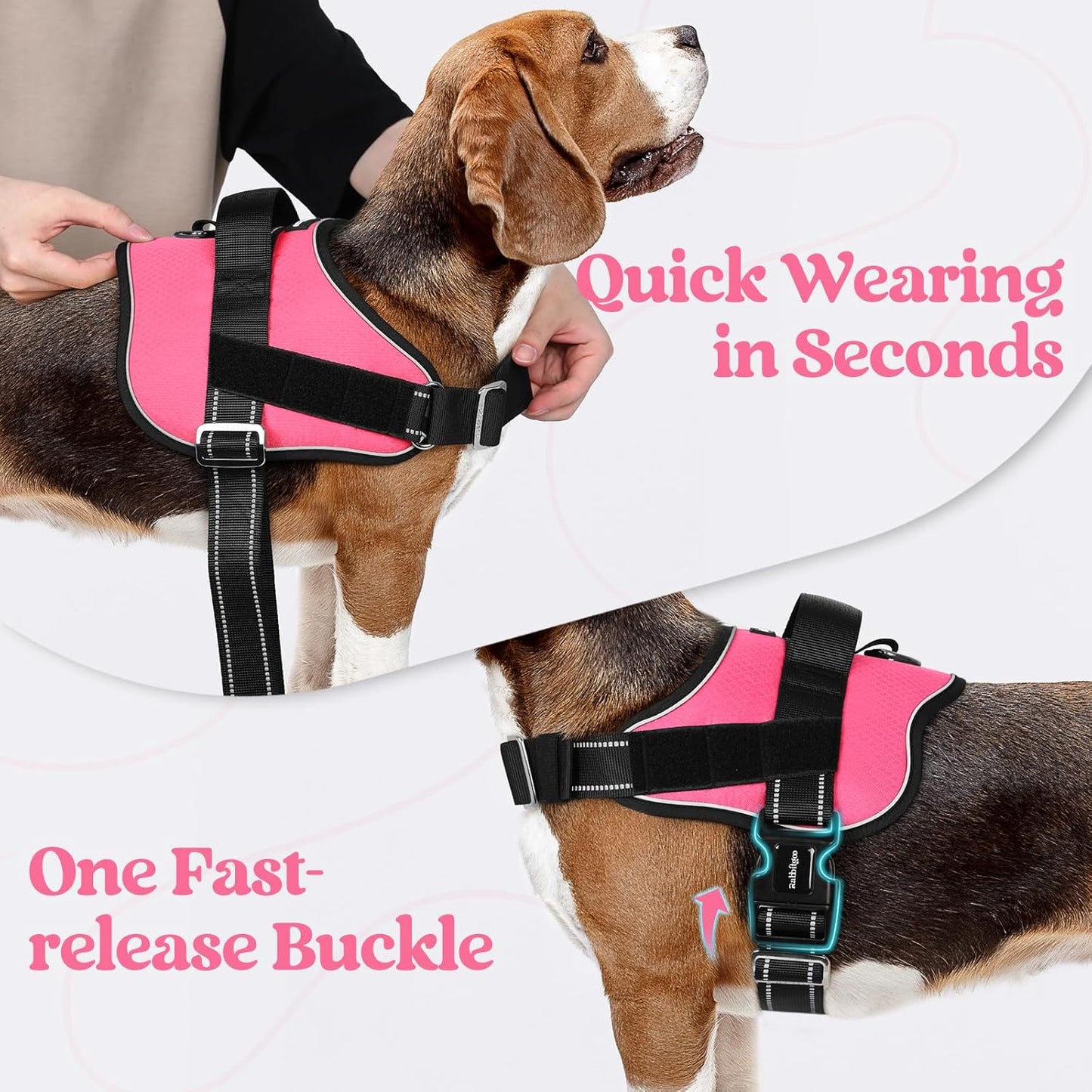 rabbitgoo Dog Harness Medium Sized, Easy On Pet Vest with One Buckle, No Pull Adjustable Service Harness with D-Ring & Handle, Reflective for Safety Walking, Training, Pink, M