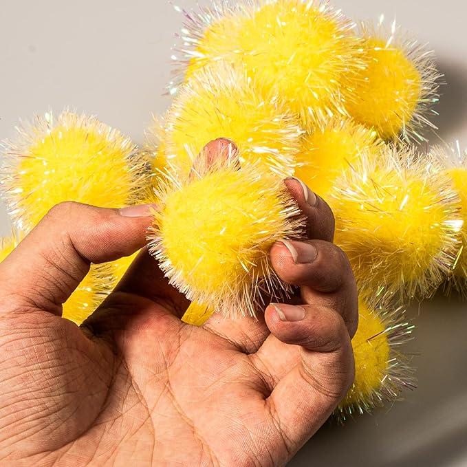 VAPKER 30 Pcs Cat Ball Toys Sparkle Balls Extra Large 2 Inch Cat's Favorite Chase Glitter Ball Glitter Tinsel Pom Poms Balls Yellow Color