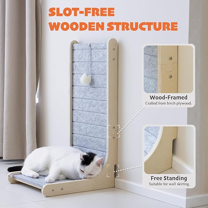 PETKARAY Felt Cat Scratcher, Vertical Cat Scratching Pad, Scratch Resistant Couch Carpet Scratcher, Slot-Free Scratch Board with Toy Ball, Light Grey