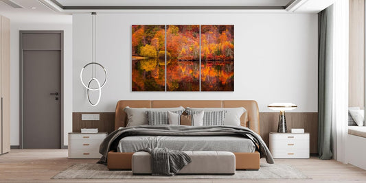 Nature Wall Art Prints - Ocean Forest Mountain Lake Canvas Landscapes - Small to Extra Large Living Room Bedroom Kitchen Bathroom Décor (Autumn Forest with Lake, 31L" x 47W" - 3 Panels)