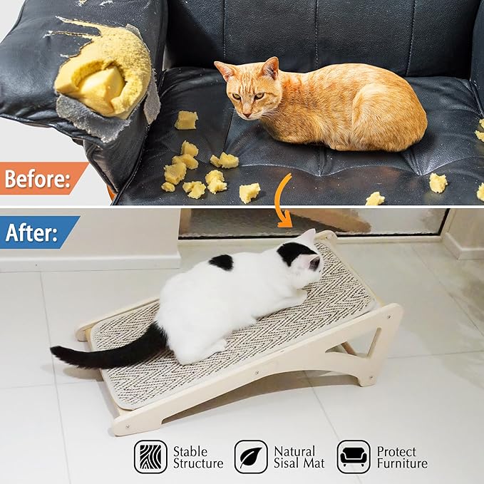 PETKARAY Cat Scratcher, Sisal Scratching Ramp, L Shape Scratch Pad for Indoor Cats, 27" Wall Furniture Protector with Mouse Toy