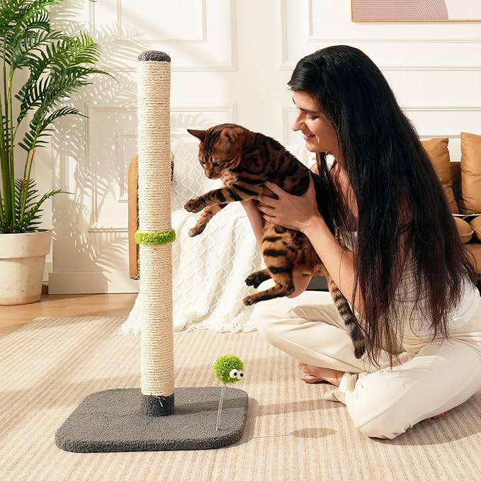 TINYBEAST 34" Tall Cat Scratching Post for Indoor Cats, Premium Natural Sisal Scratcher with Interactive Plush Toy Ball, Reinforced Stable Base for Large Adult Cats & Kittens(Grey)