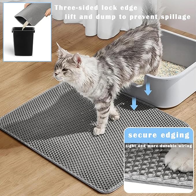 HCY&WLD 2-Pack Cat Litter Mat, Double Layer Honeycomb Waterproof Urine Proof Non-Slip Litter Trapping Mat, Less Waste, Easy to Clean Cat Litter Box Mat, Kitty Indoor Supplies (Gray, 30x22 Inches)
