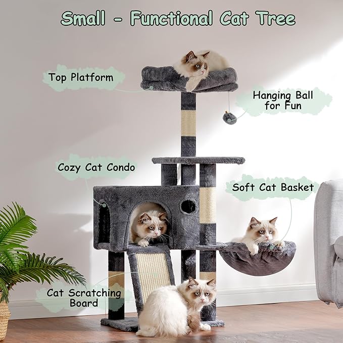 Cat Tree, 41.3" Cat Tower for Indoor Kittens with Scratching Board and Posts, Multi-Level Cozy Cat Condo with 2 Perches, Hammock, Balls, Smoky Gray GCT005SG