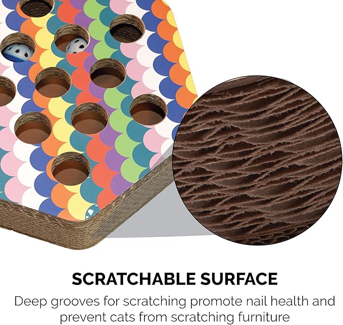 Furhaven Scratching Pad Ball Track Cat Toy w/ Catnip for Indoor Cats - Hexagonal Busy Box Scratcher - Rainbow Scales, One Size