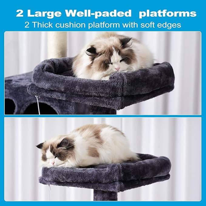 Hey-brother Large Multi-Level Cat Tree Condo Furniture with Sisal-Covered Scratching Posts, 2 Bigger Plush Condos, Perch Hammock for Kittens, Cats and Pets Smoky Gray MPJ020G