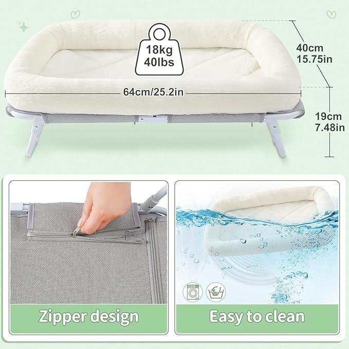 Sunhoo Elevated Cat Bed Foldable Raised Pet Hammock Self-Supporting Puppy Lounger with Off Floor Metal Frame Washable Cover for Small Dog Kitten Indoor Use 25.2x15.75x7.48 in (White)