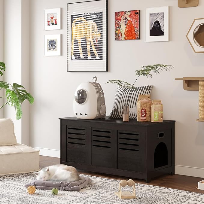 DINZI LVJ Litter Box Enclosure, Flip Top Litter Box Furniture, Hidden Cat Washroom, Wooden Cat House, End Table, 39.4" L x 19.7" W x 19.7" H, Good Ventilation, Easy to Assemble, Espresso