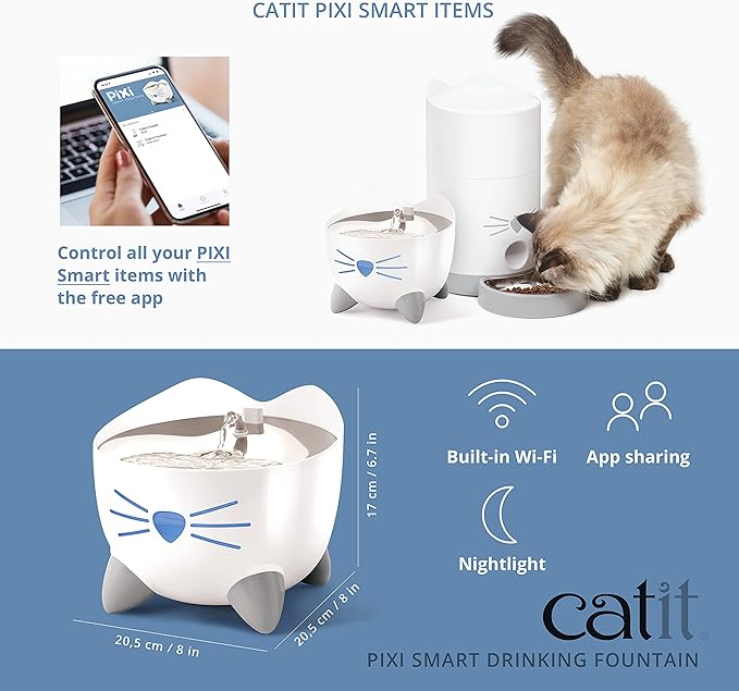 Catit PIXI Smart Water Fountain – Automatic Cat Drinking Fountain with UV-C Clarifier Light and App Support,White