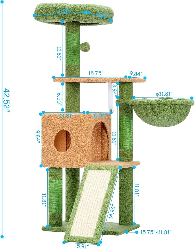 Hey-brother Cat Tree, 42.5-Inches Cat Tower for Indoor Cats, Plush Multi-Level Kitten Cat Condo with Scratching Post,Ramp, Basket, Spacious Cat Cave, Hanging Ball, Green and Yellow MPJ007SGY