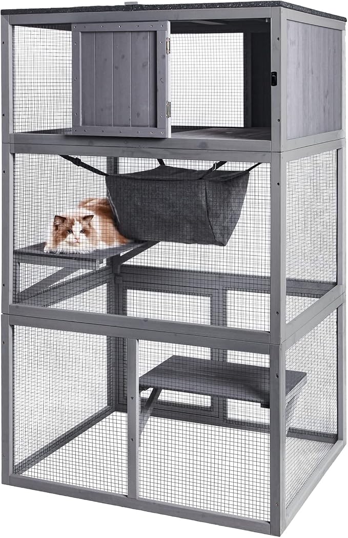 X-ZONE PET Catio Wooden Cat House, Outdoor 3 Floors Cat Enclosure, Indoor Large Kitten playpen with Hammock & Resting Box, Cat Cage Waterproof Roof