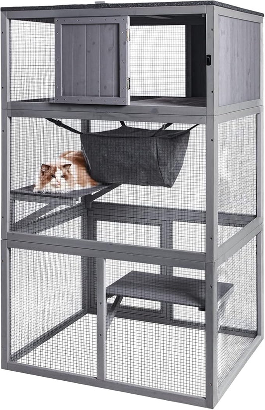 X-ZONE PET Catio Wooden Cat House, Outdoor 3 Floors Cat Enclosure, Indoor Large Kitten playpen with Hammock & Resting Box, Cat Cage Waterproof Roof