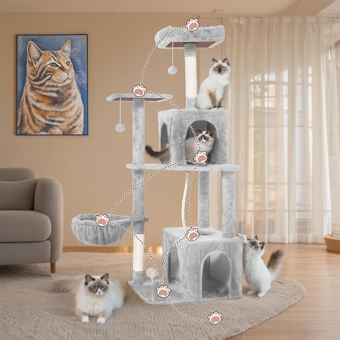 Cat Tree, 54-Inch Cat Tower for Indoor Cats,Plush Multi-Level Cat Condo with Scratching Posts, Basket, Perches,2 Caves,2 Pompoms(Light Gray)