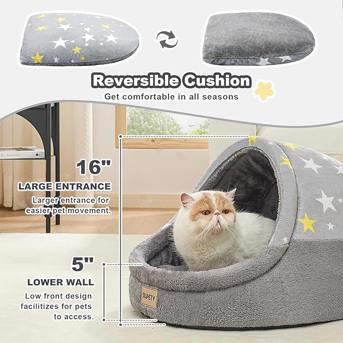 Jiupety Cute Cat Beds for Indoor Cats, Cat Cave Bed for Kittens, Burrowing Cat Bed & Puppy Bed with Anti-Slip Bottom, Washable Removable Cushion, L(19"x17"x16"), Gray Star