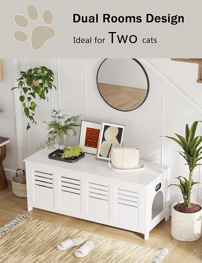 DINZI LVJ Litter Box Enclosure Furniture for 2 Cats, Top Opening Hidden Litter Box with Double Rooms, Dual Cat House with Good Ventilation, 47.2" Wooden Cat Washroom, White