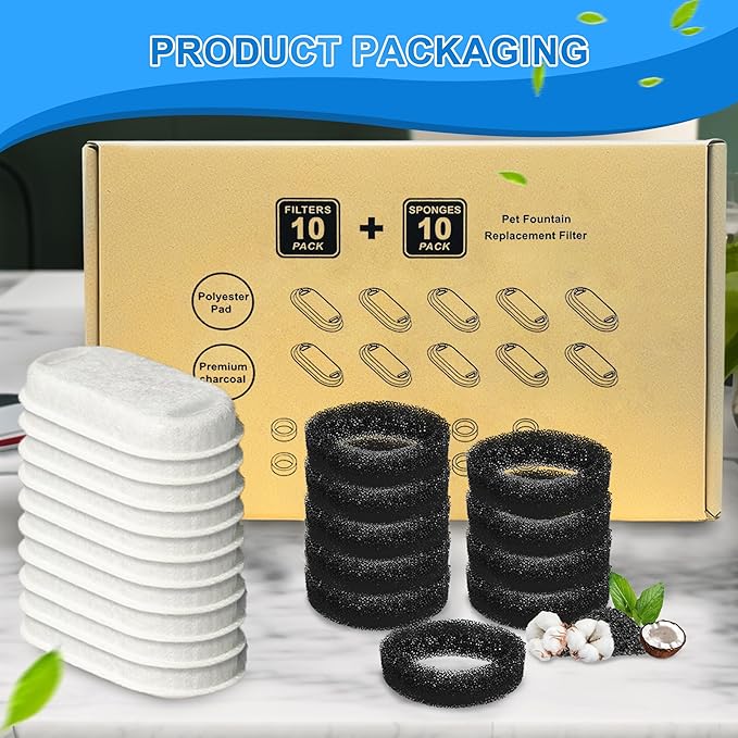 Cat Water Fountain Filters, 20Pack Cat Fountain Replacement Filters for Stainless Steel 108oz/3.2L& 67oz/2L adjustable Water Flow Pet Water Fountain,Dog Water Fountain Filters（10 Filters& 10 Sponges)