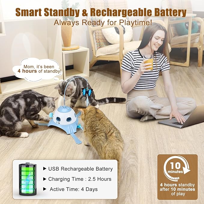 3-in-1 Automatic Cat Toys for Indoor Cats, Fluttering Butterfly, Whack a Mole, Rotating Feather Wand, USB Rechargeable Interactive Feather Toys for Multi-cat Family (Blue)