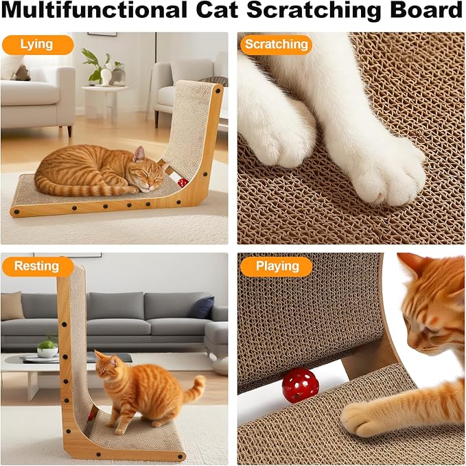 L-Shaped Cat Scratcher 2-in1 Scratching Board for Indoor Cats Protecting Furniture Cardboard Box Scratch Pad with Ball Toy