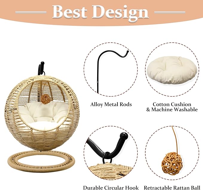 BROWN-BROWN Wicker Cat Bed Indoors & Outdoors, Hand Made Cat Swing Bed with Removable Cushion & Hanging Ball, Washable Pet Swing for Cat, Small Dog, Small Animals
