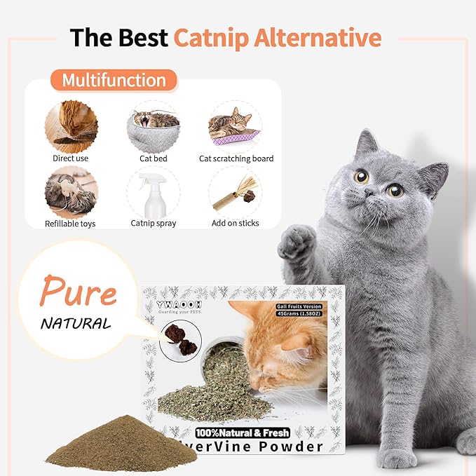 Cat Toys - Silvervine Powder 45g with 5 Resealable Pouches, Catnip Alternative, 100% Natural Silver Vine Gall Fruit Powder, Matatabi Cat Toy, Suitable for All Cat Ages