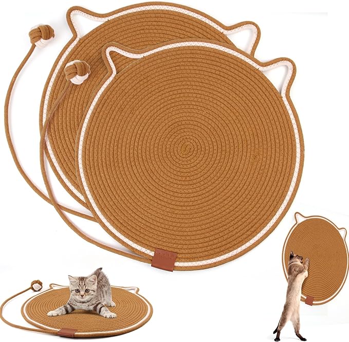 2-Pack Cat Scratching Mats, Natural Cotton Rope Scratch Pad with Ear Shape Hanging Hook and Play Ball, Furniture Protector for Wall, Floor, Sofa, Couch, Carpet, Brown