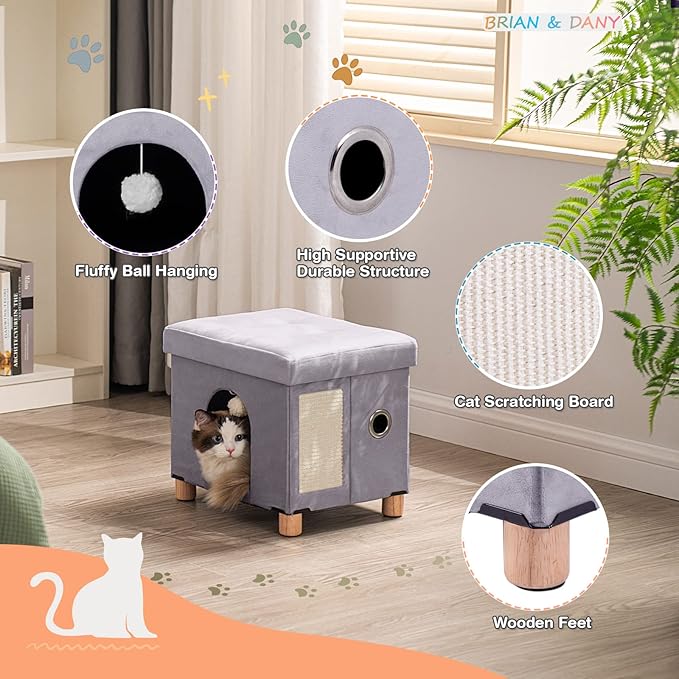 BRIAN & DANY Foldable Cat House for Indoor Cats, Large Cat Cube for Pet Cave with Scratch Board & Ball, 14.7" x 14.1” x 12.7”, Light Gray