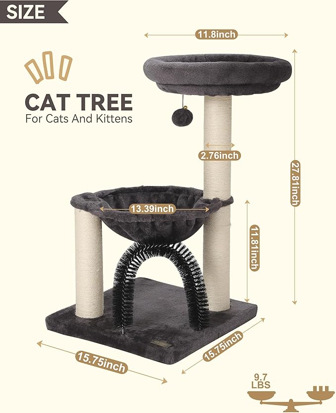 HOOPET Cat Tree Tower for Indoor Cats, 27.8 Inches Multi-Level Cat Tree with Scratching Posts Plush Basket & Perch for Play Rest, Cat Activity Tree with Dangling Ball for Kittens/Small Cats