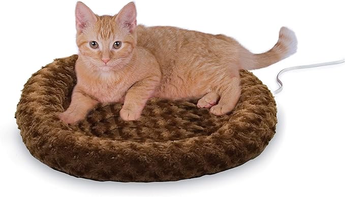 K&H Pet Products Bolster Heated Cat Bed for Indoor Cats, Thermo-Kitty Fashion Splash Orthopedic Foam Heated Pet Bed for Cats or Dogs, Waterproof Pet Heater, Safety Listed Small 18in Round Mocha