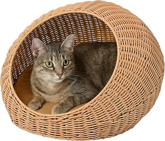 CBD3000A Fiora 19.5" x 18" Modern Circular Faux Wicker Pet Bed with Machine-Washable Cushion, Cat Beds for Indoor Cats, Natural