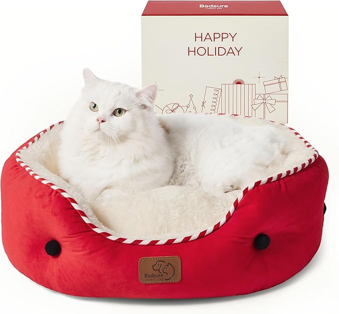 Bedsure Dog Beds for Small Dogs - Round Cat Beds for Indoor Cats, Washable Pet Bed for Puppy and Kitten with Slip-Resistant Bottom, 20 Inches, Antique Red