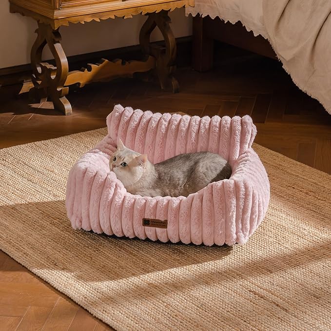 MEWOOFUN Cat Beds for Indoor Cats, Fluffy Cat Couch with Removable Washable Cover, Supportive Small Dog Beds for Puppy & Kitten up to 15 lbs (Pink, 24x19x12)