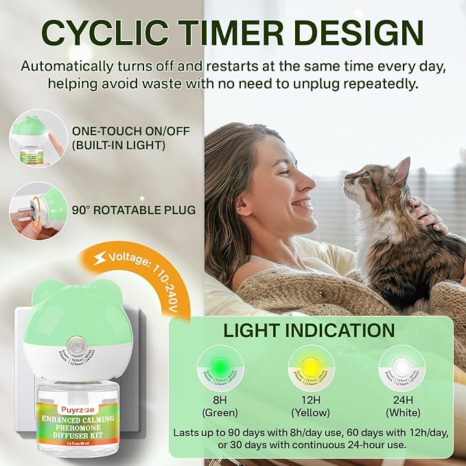 Cat Calming Diffuser with Three Timing Functions, 3-in-1 Cat Pheromones Calming Diffuser Kit, 60-Day Anxiety Relief, Stress Reduction & Relaxation for All Cats (1 Diffuser + 2 Refills)