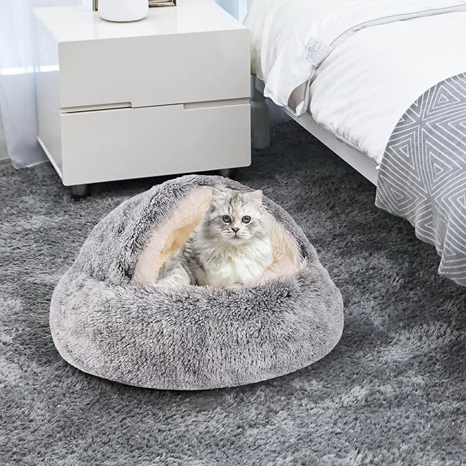 Round Hooded Cat & Dog Bed with Cover Cave, Faux Fur Cuddler - Self Warming Donut Bed Fits up to 22 lbs Pets (Gray, 24" x 24")