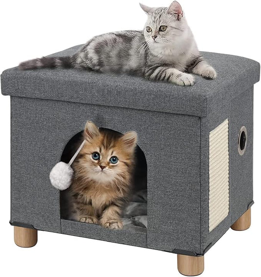 BRIAN & DANY Cat House for Indoor Cats, Cat Cave Bed for Pet, Cat Cube with Cat Scratch Board & Cat Ball,17.7 x 14.8 x 15 inches, Grey