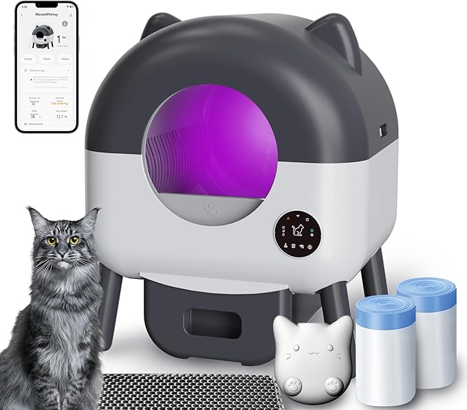 Automatic Self Cleaning Litter Box, MeowWhimsy Extra Large Automatic Cat Litter Box Self Cleaning Robot S7 for Cats, Smart Safety Sensors-App Control-Low Noise, Washable Tray,40 pcs Trash Bag