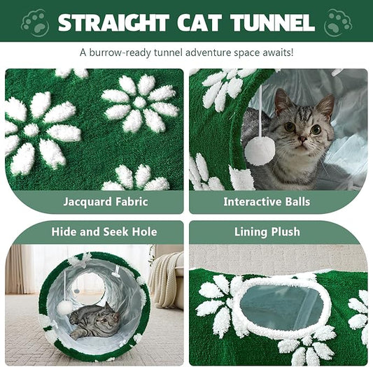 Straight Cat Tunnel for Indoor Cats 47"x12", Cute Cat Toys Collapsible Tunnel Tube with Balls for Puppy Kitten Rabbit, Green Flower